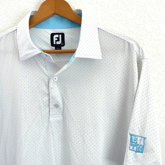 FootJoy Men Golf Polo Shirt Sz Large White Blue Dot Performance Moisture Wicking - Picture 1 of 8